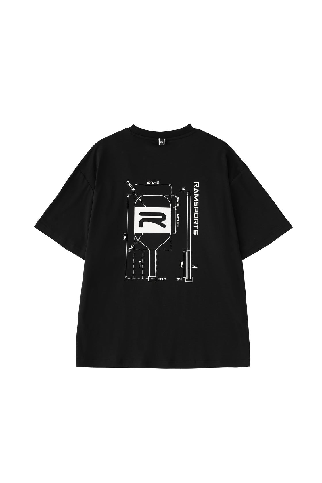 back view of the black Ramsports Blueprint Back Graphic tee over a white background