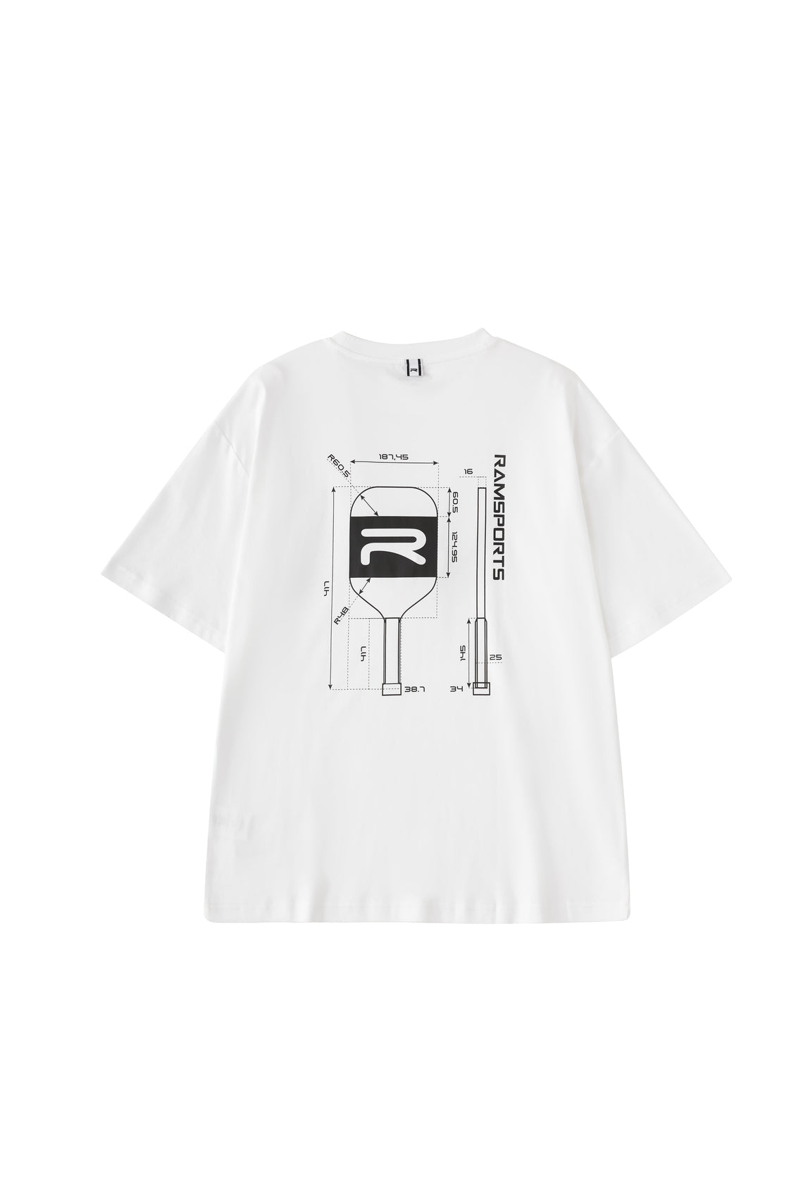 back of the white Ramsports Blueprint Back Graphic tee over a white background