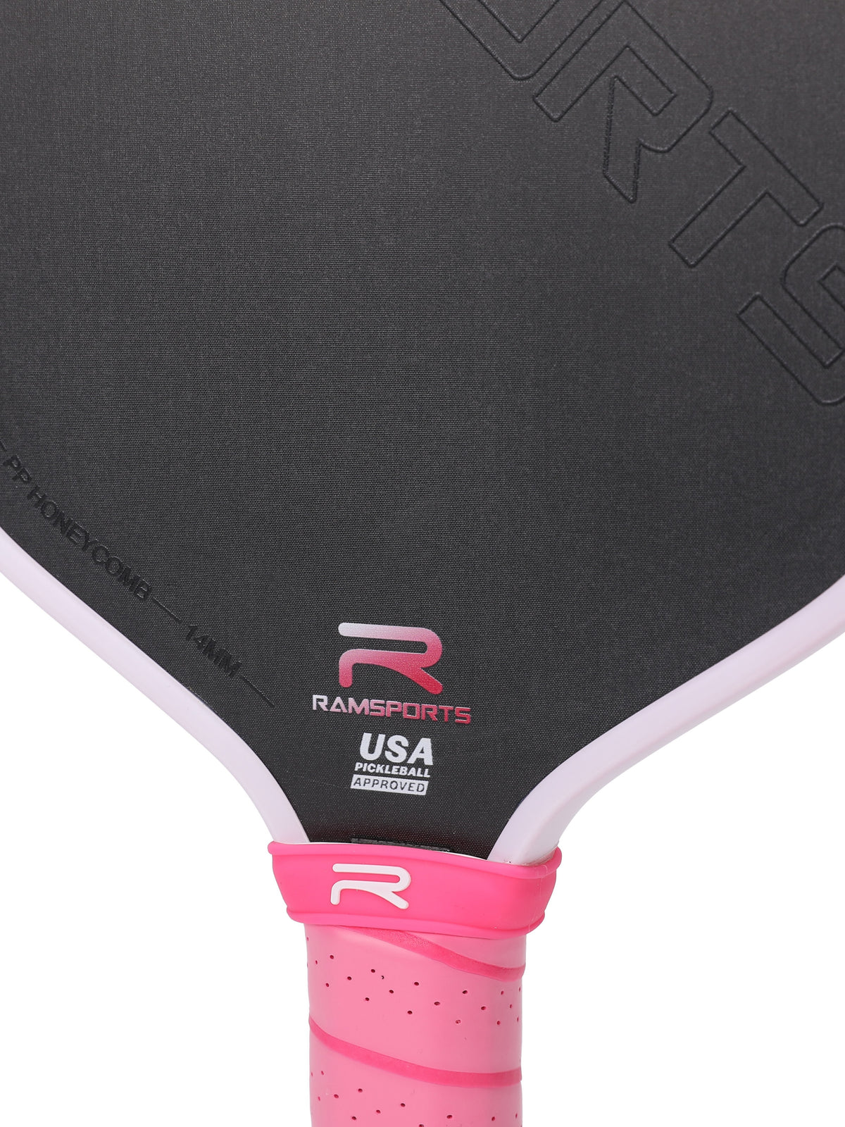 Close-up of the Ramsports Pink Express Pickleball Paddle throat, shown straight-on with the logo visible at the head-to-handle connection.