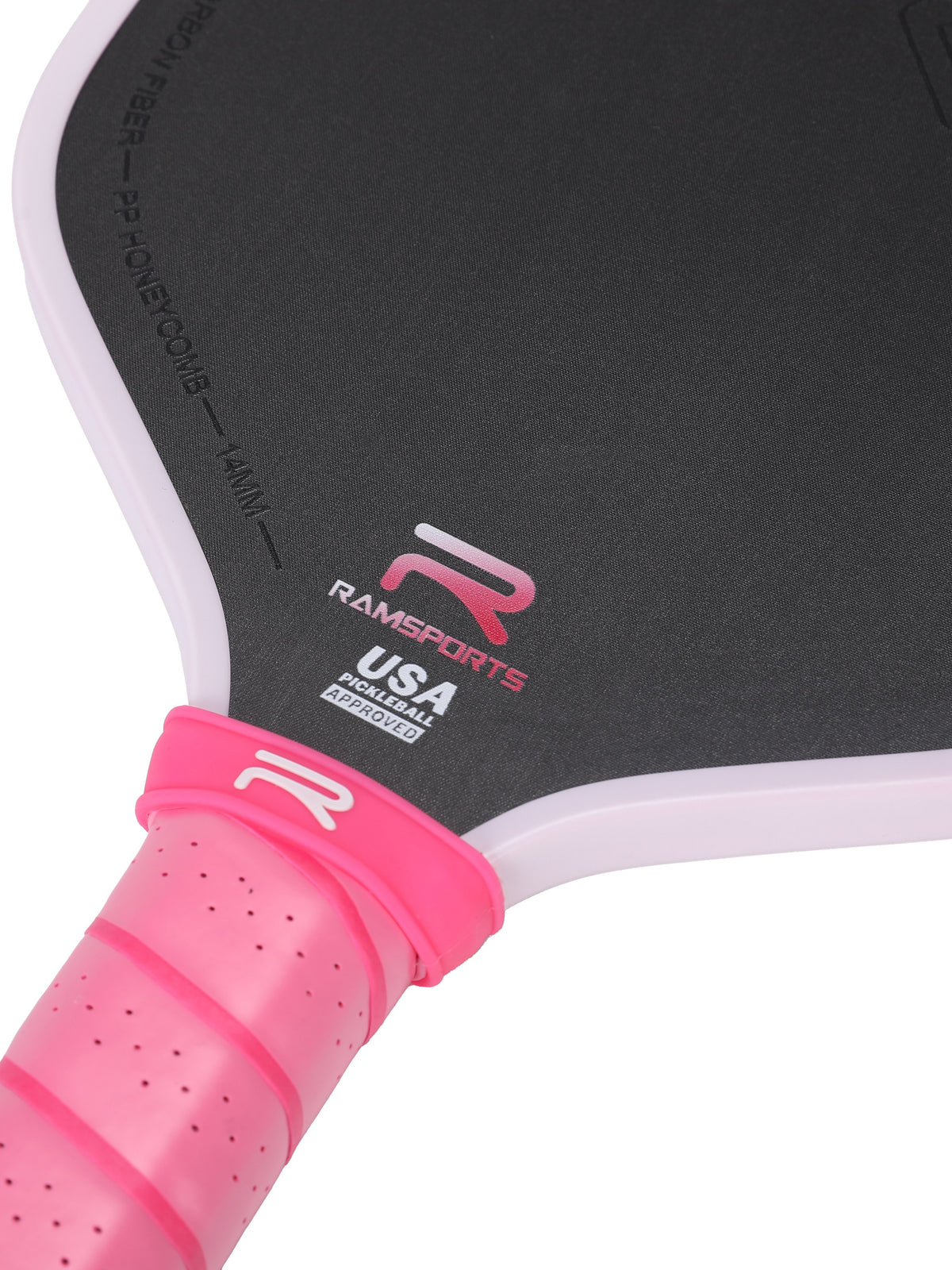Detailed view of the Ramsports Pink Express paddle throat area, highlighting the logo where the head meets the handle.