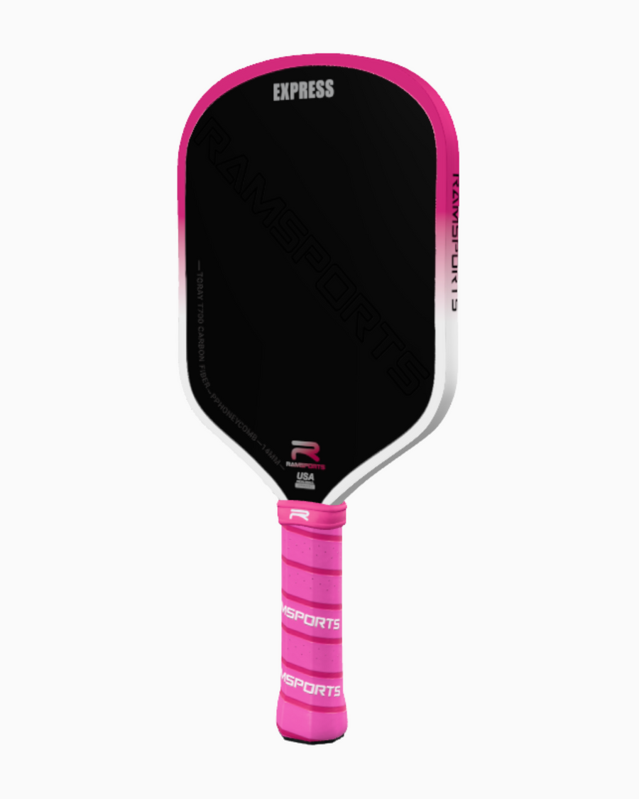 Ramsports Pink Express Pickleball Paddle slightly angled to the side on a white background.